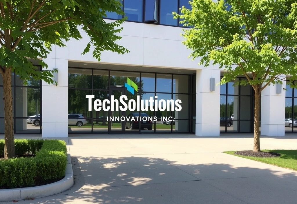 Ufficio moderno con il logo TechSolutions Innovations Inc. all'ingresso, in un ambiente accogliente e professionale.