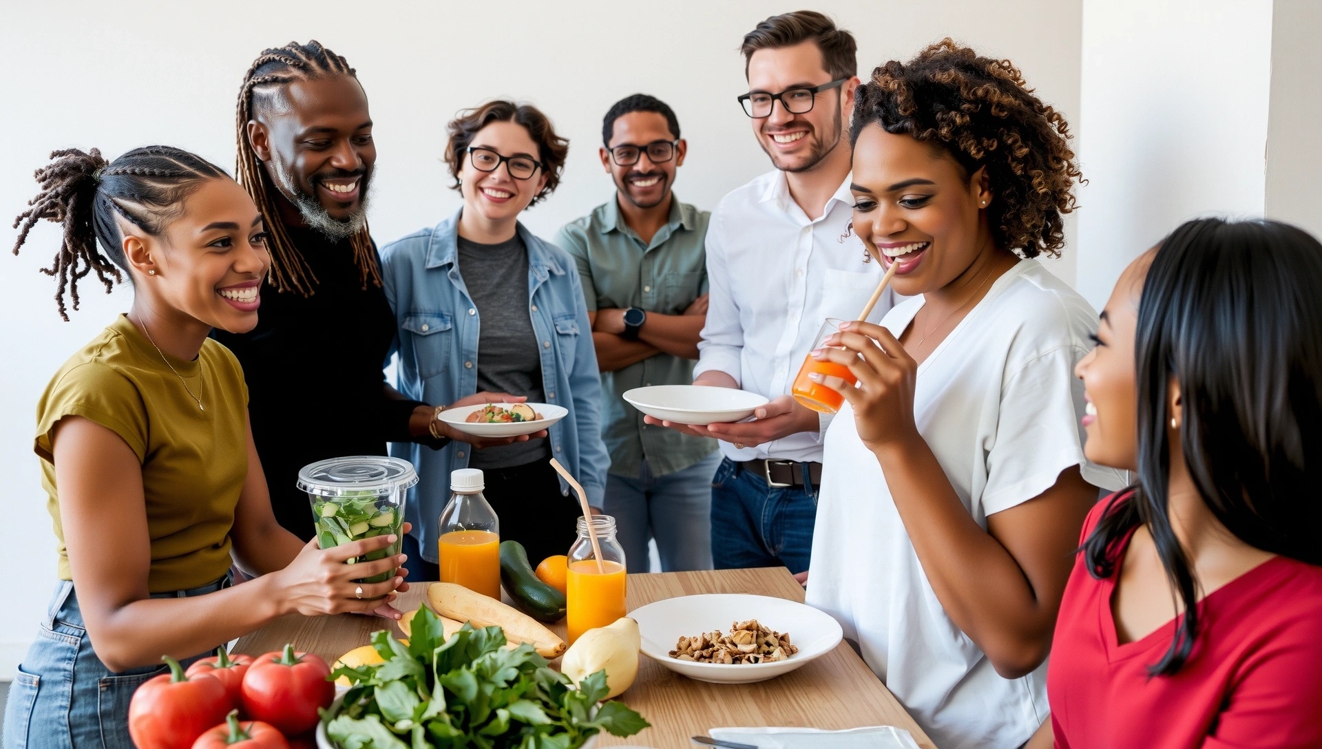 Sfondo ispiratore con cibi freschi e persone attive che sorridono