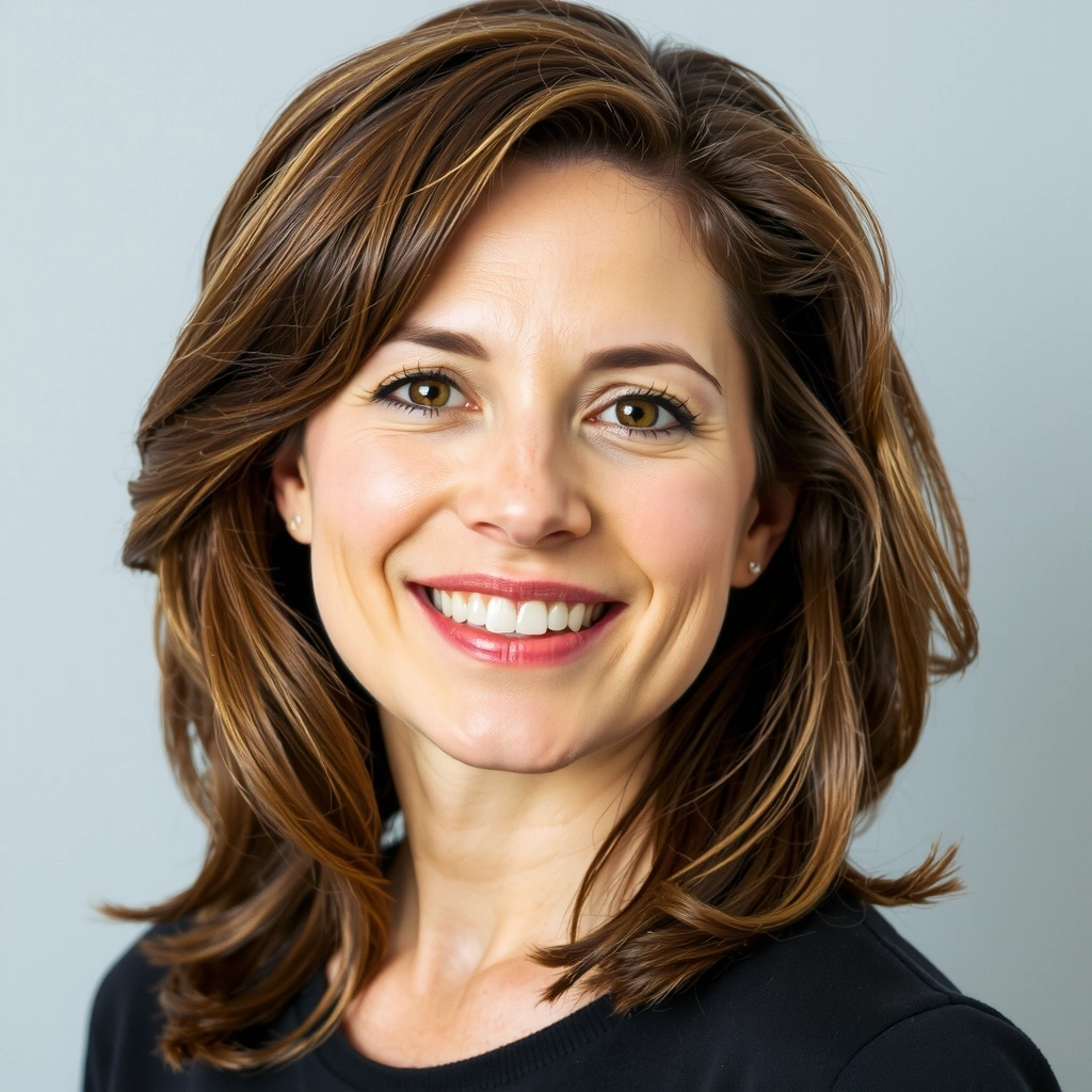 Ritratto sorridente di Anna Verdi, una donna di circa 40 anni con capelli castani e occhi vivaci