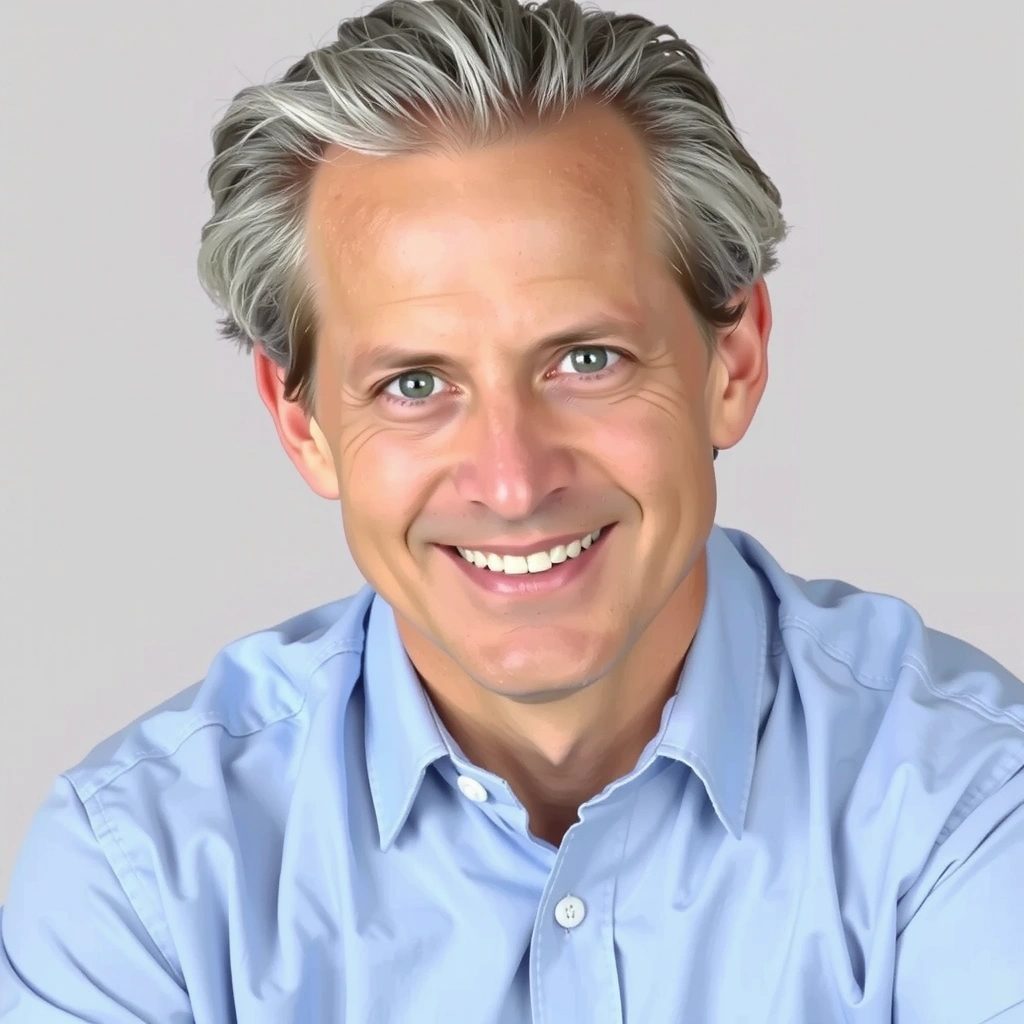 Ritratto sorridente di Marco Rossi, un uomo di circa 50 anni con capelli grigi e un'aria saggia